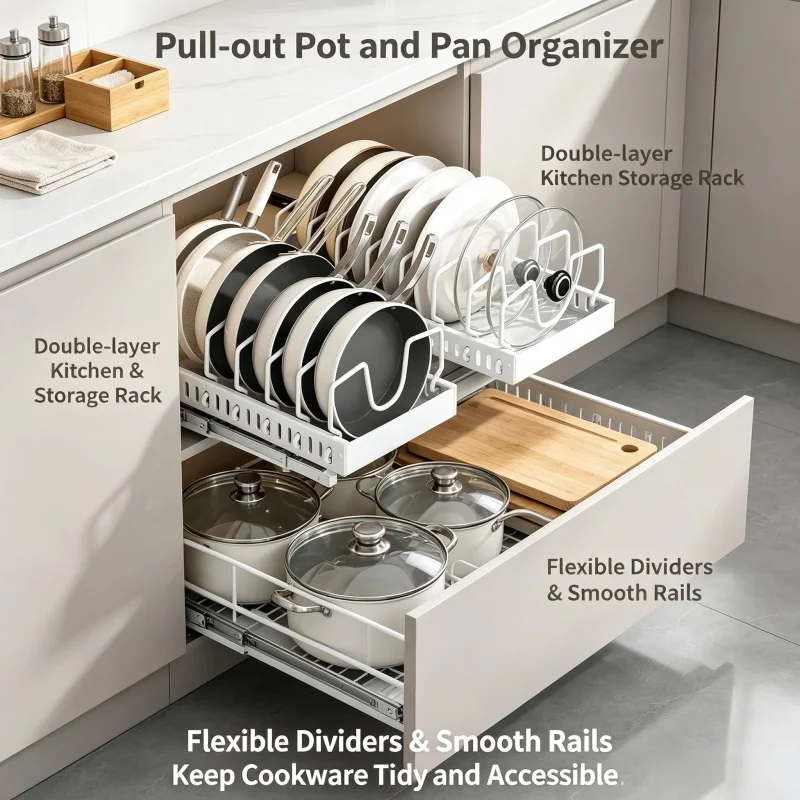 Pull Out Pots Pans Organizer for Under Cabinet Pull Out Cabinet Organizer Storage Pot Lid Organizer holder Adjustable Dividers