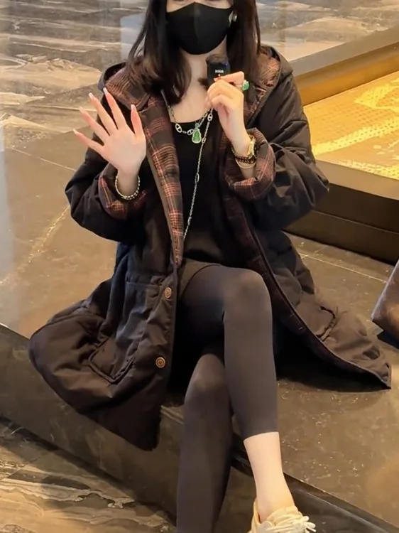 

Double-Sided Wear Plaid Hooded Cotton Jaet Women's Winter New Sle High-End Loose Thi Warm Medium-Length Cotton Coat