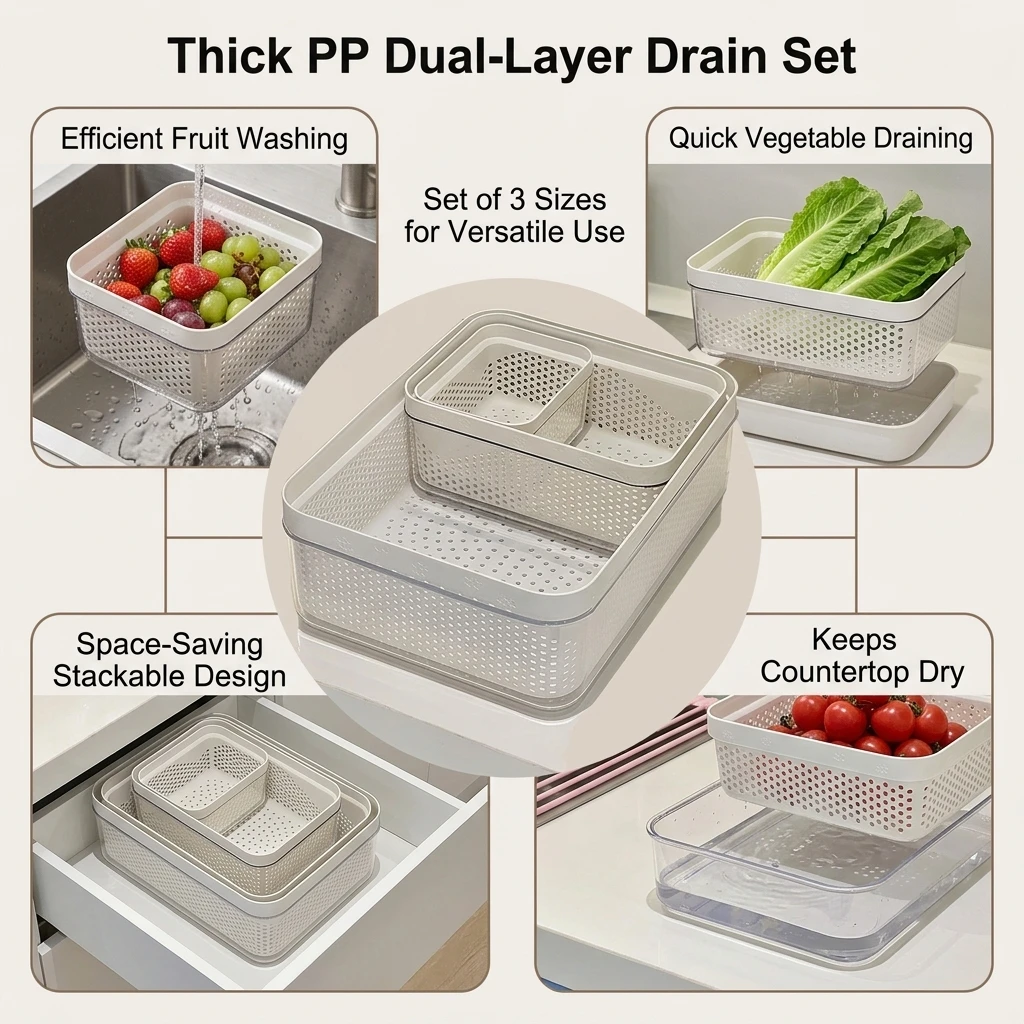PP Plastic Drain Basket for Kitchen Home Housewife Double Layer Vegetable Colander Washing Basin Set of 3 Durable Large