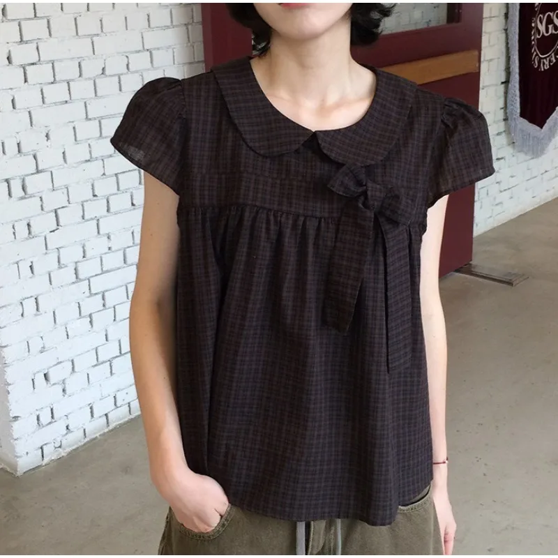 Korean Girl Feeling Ancient Slim Fit and Thin High-end Doll Collar Design Plaid Bow Shirt Short-sleeved Top