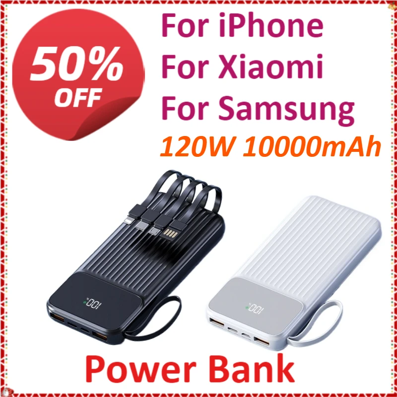 

120W 10000mAh Portable Power Bank Fast Charging For iPhone For Xiaomi For Samsung With USB Type C/Micro USB/Lightning