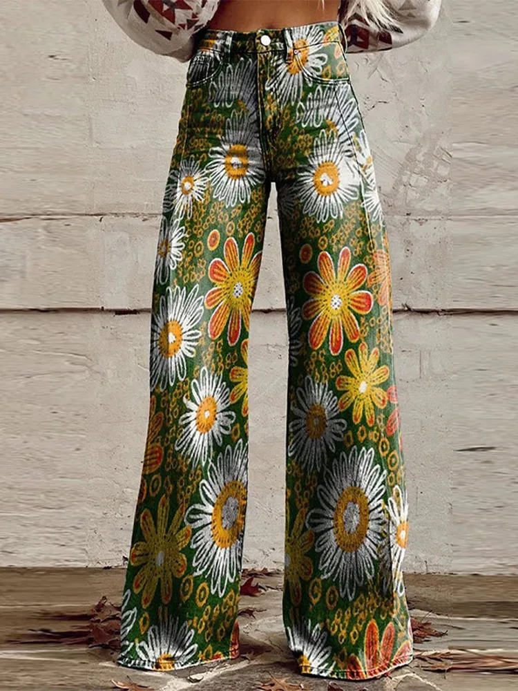 

Women’s High Waist Wide-Leg Denim Jeans With All-Over Floral Print Trendy Casual Streetwear Vintage Aesthetic Vacation Trousers