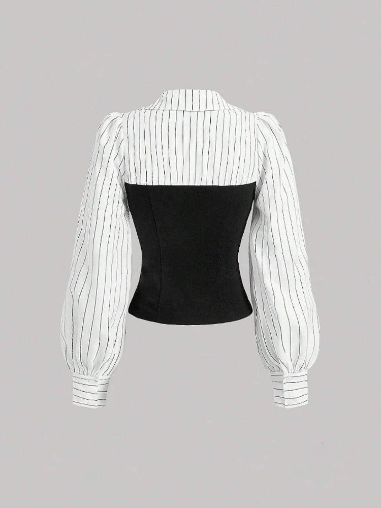 แฟชั่นผู้หญิงลาย Spliced เสื้อเชิ้ตปกแฟชั่นหรูหราสไตล์ธุรกิจชุดลําลองสํานักงาน