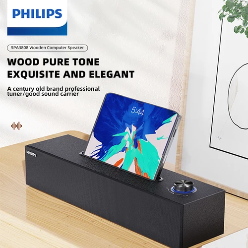Imagen 1 del producto La barra de sonido Philips SPA 3808 presenta un diseño de grano de madera simple Calidad de sonido HIFI Efecto de audio 3D y tarjeta de sonido incorporada