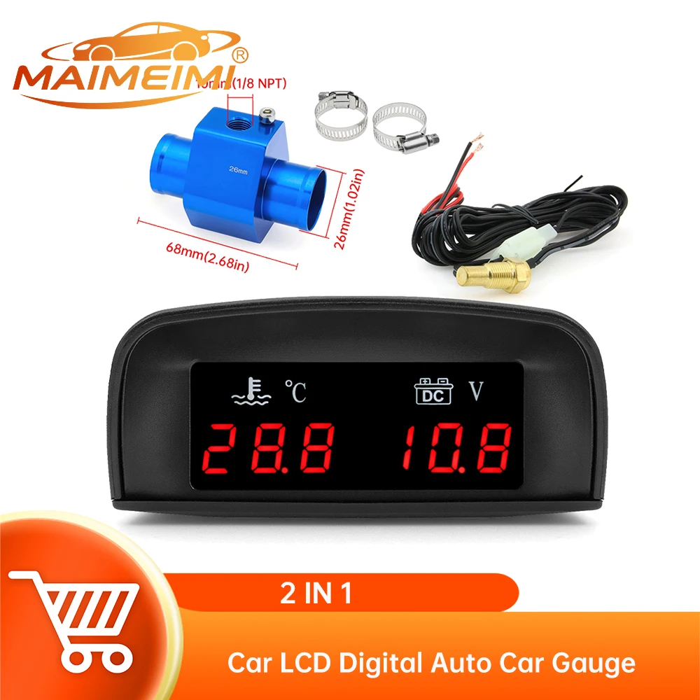 Digital 2 in 1 Gauge Water Temperature Gauge +voltmeter with 10mm Water Temperature Sensor 26mm-40mm Adapter