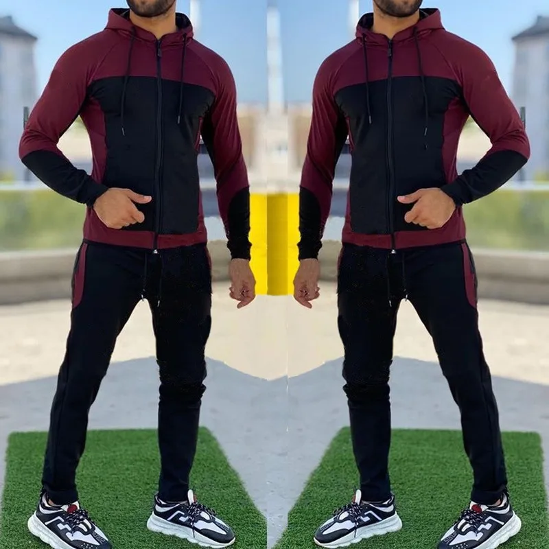 

2025 осенне-зимняя повседневная спортивная одежда с капюшоном и цветными блоками, толстовка с длинными рукавами и свободные брюки, уличный костюм-карго для бега