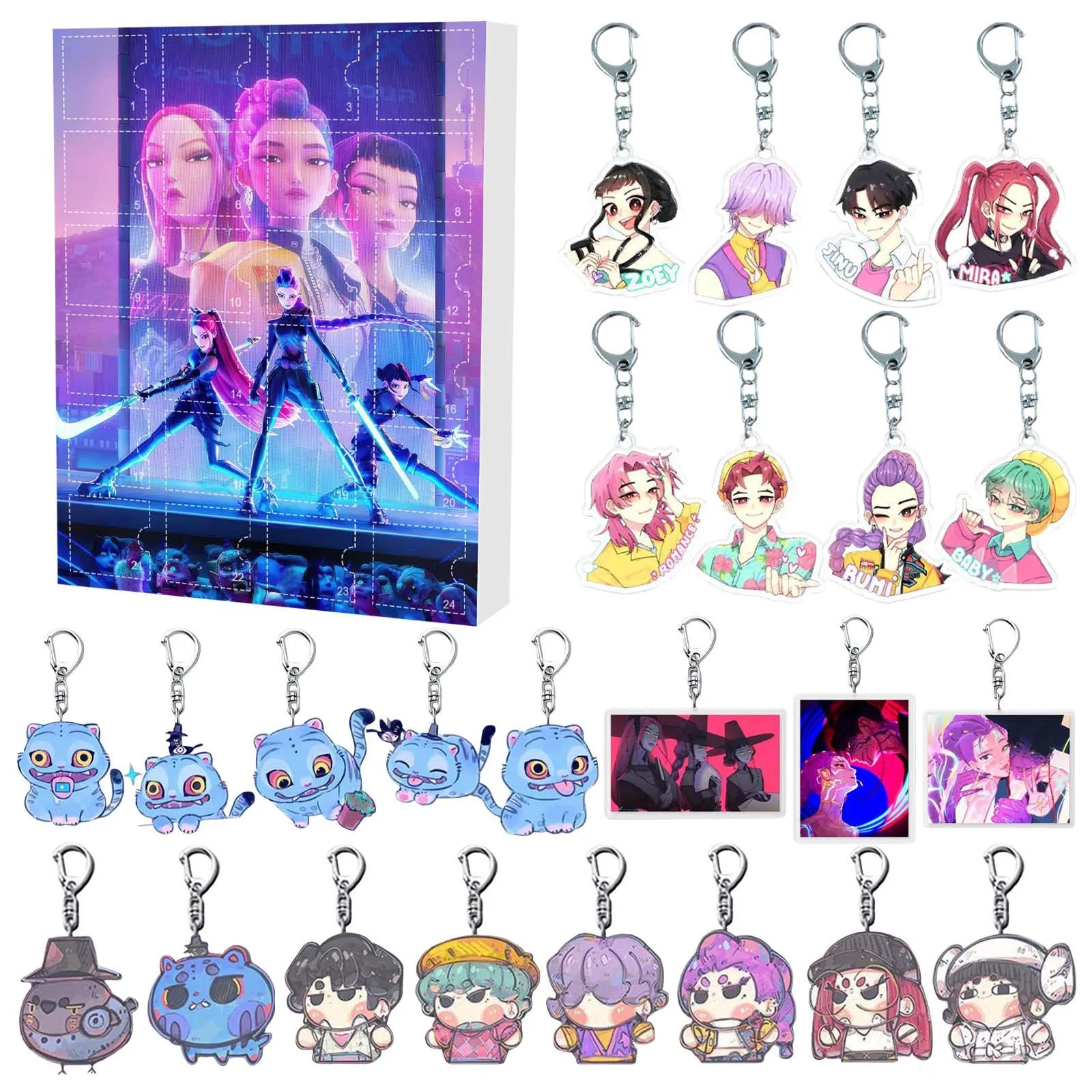 

KPop Demon Hunters 24pcs Advent Calendar Box Kawaii Acrylic Keychain HUNTR X Rumi Mira Zoey Jinu Kid Surprise Box Toy Gift