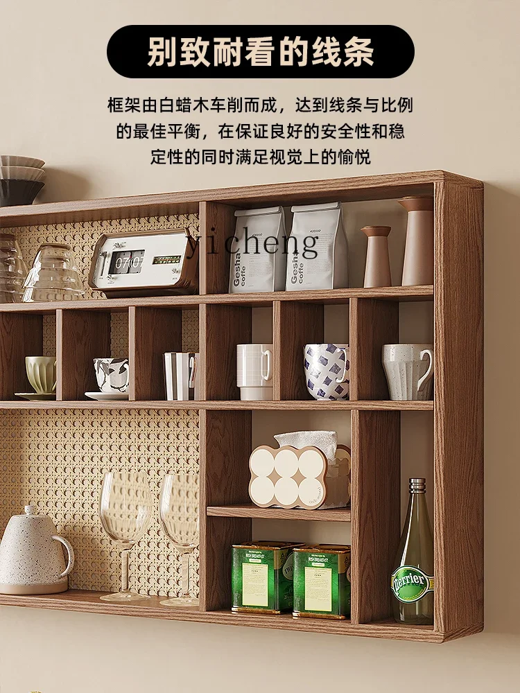 YFY  Tea Room Ornament Solid Wood Rattan Storage Tea Rack Wall living room decoration