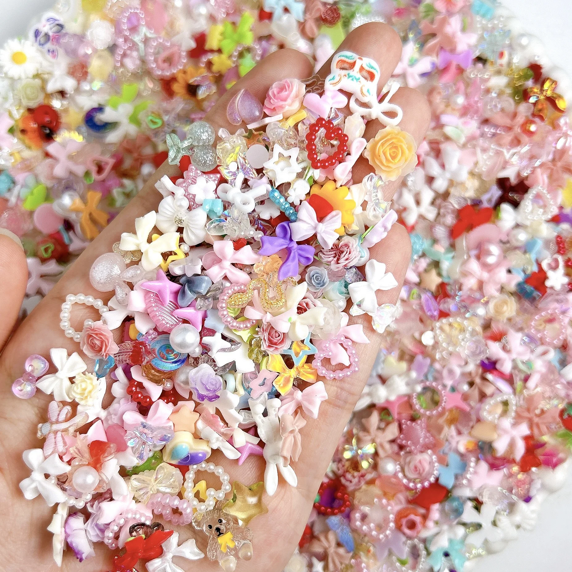 500g Mixed Resin Nail Charms Bulk Flower Bow Heart Pearl 3D Ornaments DIY Manicure Nail Art Decor Accessories