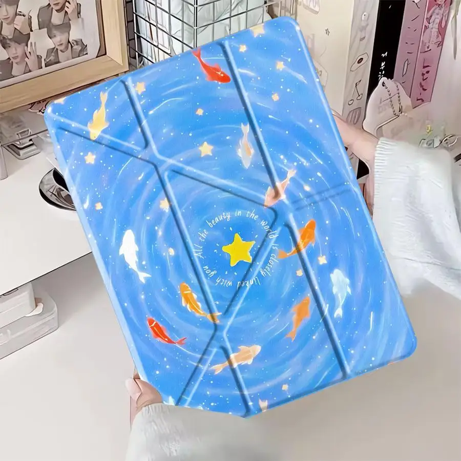 Holder Cover Tablet Case For iPad Pro 2025 Pro 11th 10th 9th 8th 7th 12.9inch Mini 6 7 Air 4 5 M3 M2 M4 11inch Blue Fish Pond