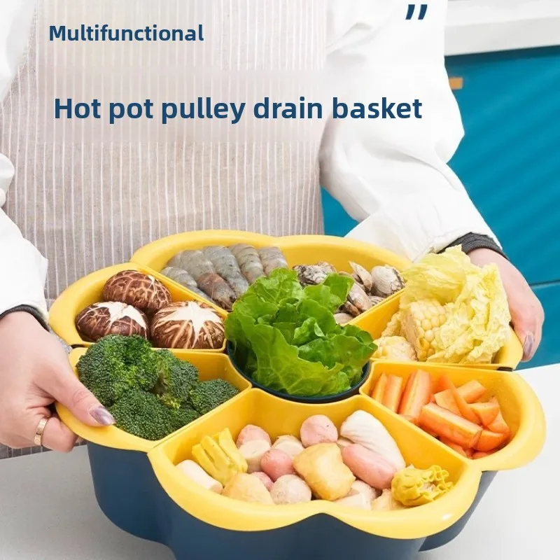 360° Rotating Nine Grid Vegetable Hotpot Platter, 2-Layer Plastic Automatic Drainage, Detachable Fruit and Nut Kitchen Supplies