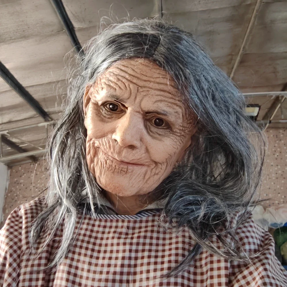 

Masque d'halloween en Latex pour vieille dame aux cheveux blancs, mâchoire mobile, fête Rave, masque de sorcière de nonne