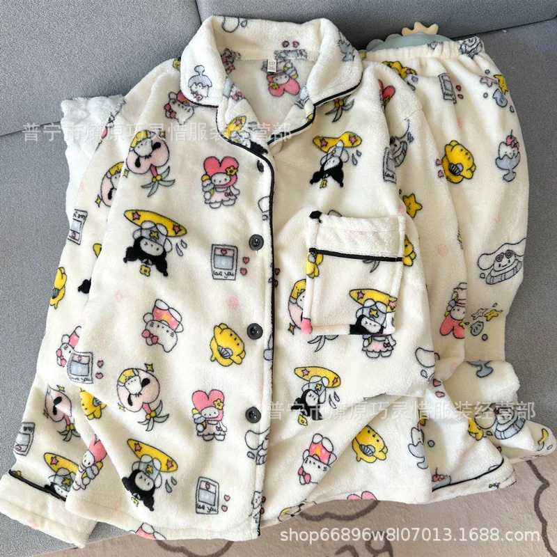 2Pcs Coral Velvet Cartoon Pajamas Suit Anime Hello Kitty Women Winter Warm Homewear Thickened Long Sleeves Pants Lounge Clothes