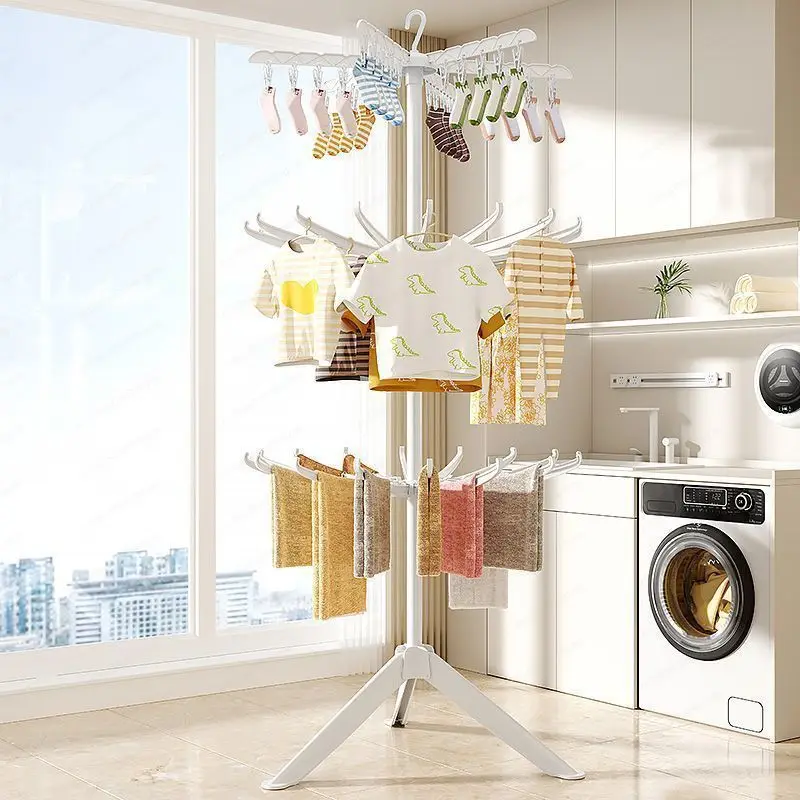 Stainless Steel Floor Folding Drying Rack, Six Wind-proof Wings Lifting and Rotating, Diaper Rack