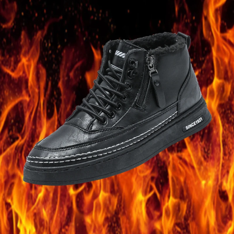 Winter Thickened Velvet High-top Shoes for Men, Korean Style Versatile Snow Boots, Non-slip Warm Cotton Shoes and Leather Shoes