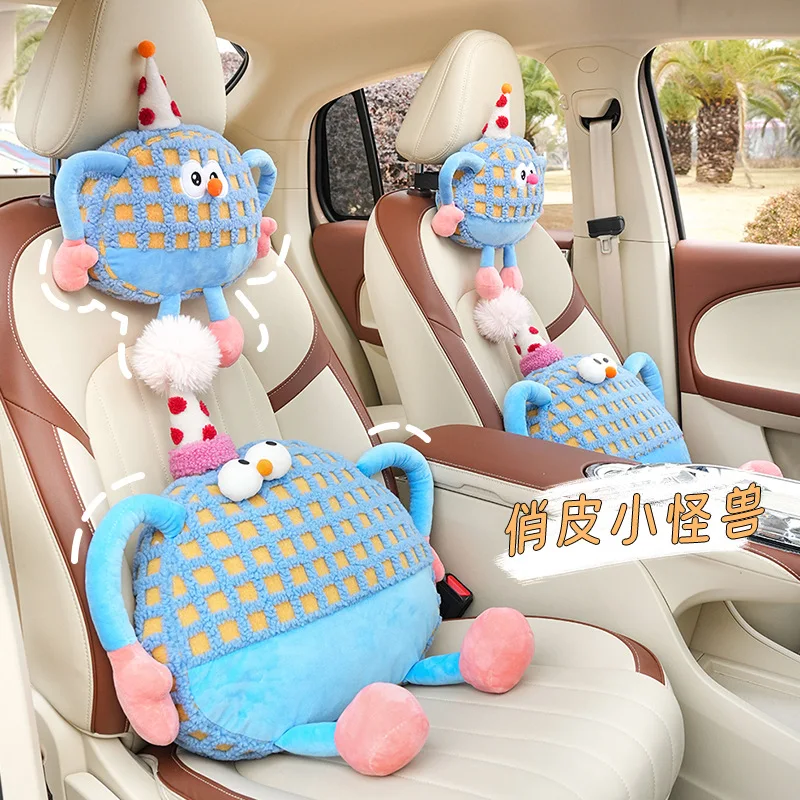 Car Plush Little Monster Headrest Cartoon Cute Car Comfortable Neck Pillow Lumbar for Girls Pink Playful Car Lumbar Accessories