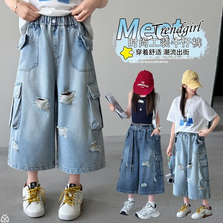 summer teen girls ripped denim cropped pants junior kids casual versatile wide leg multi-pocket workwear jeans child cargo pants