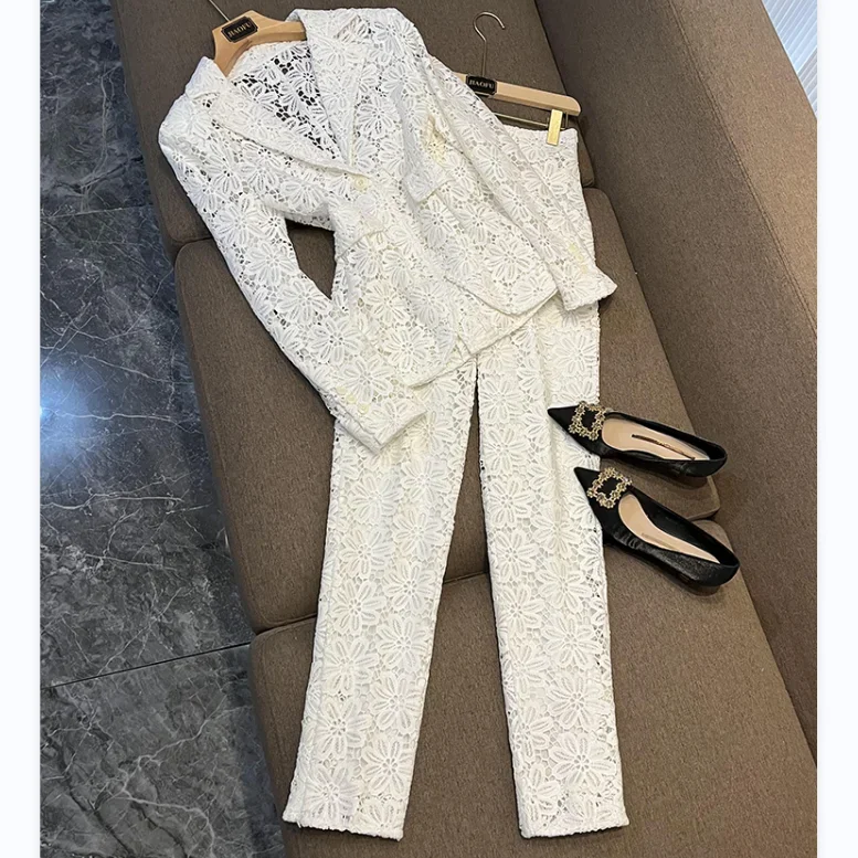 Lady Delicacy White Fine Workmanship Lace Office Suit Single Button Blazer Pencil Pants Women Solid 2pcs