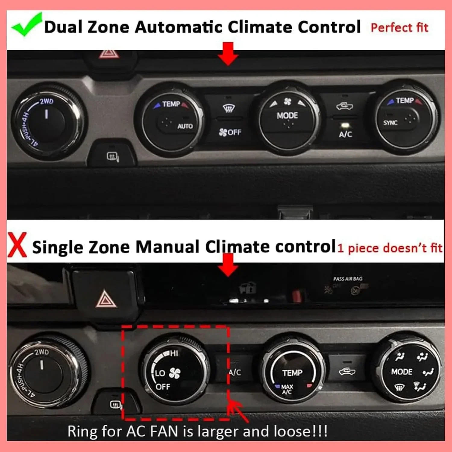 Air Conditioner Switch Button Knob Trim Cover Compatible with Toyota Tacoma 2016-2023 Centre Console 4WD Audio Knob Circle Ring