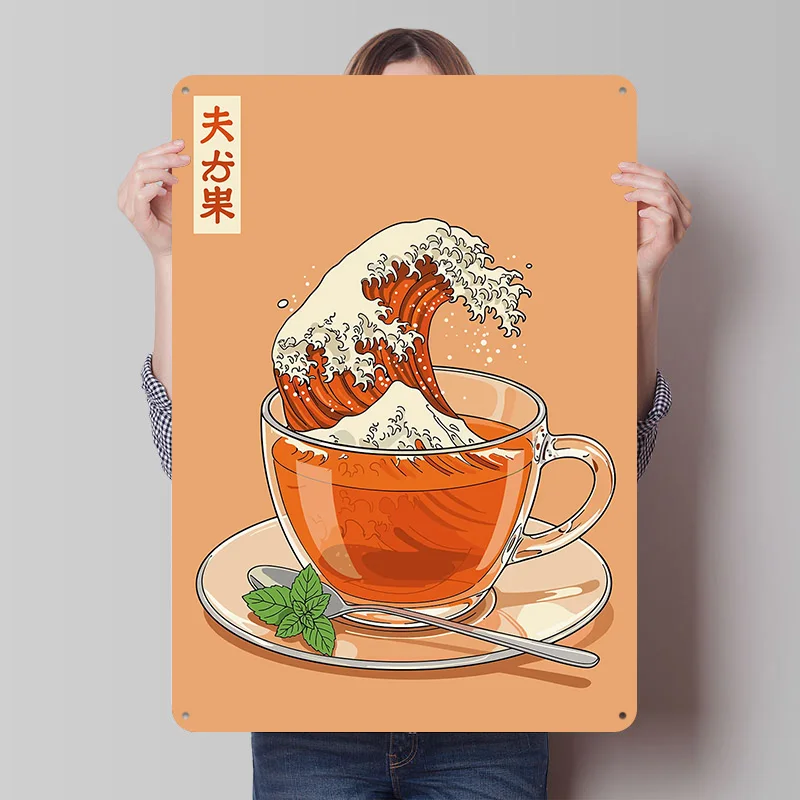 Tea The Great Wave Tinplate Posters Customizable Wall Art Retro Vintage Metal Signs for Home Room Bedroom Decorations Desk Decor