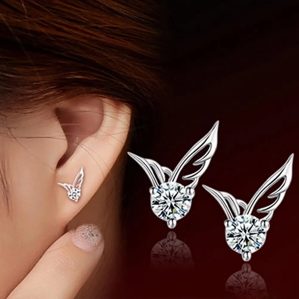 Women Earrings Angle Wing Pattern Plated Silver Rhinestone Women Ear Studs Gift Fashion Jewelry