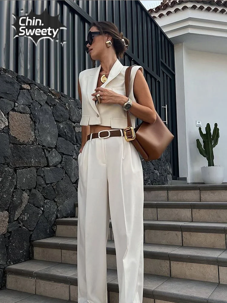 Women's Solid Pleated Lapel One Button Sleeveless Vest Set Female Straight Wide Leg Pants Suit Chic 2024 Elegant Commute Outfit