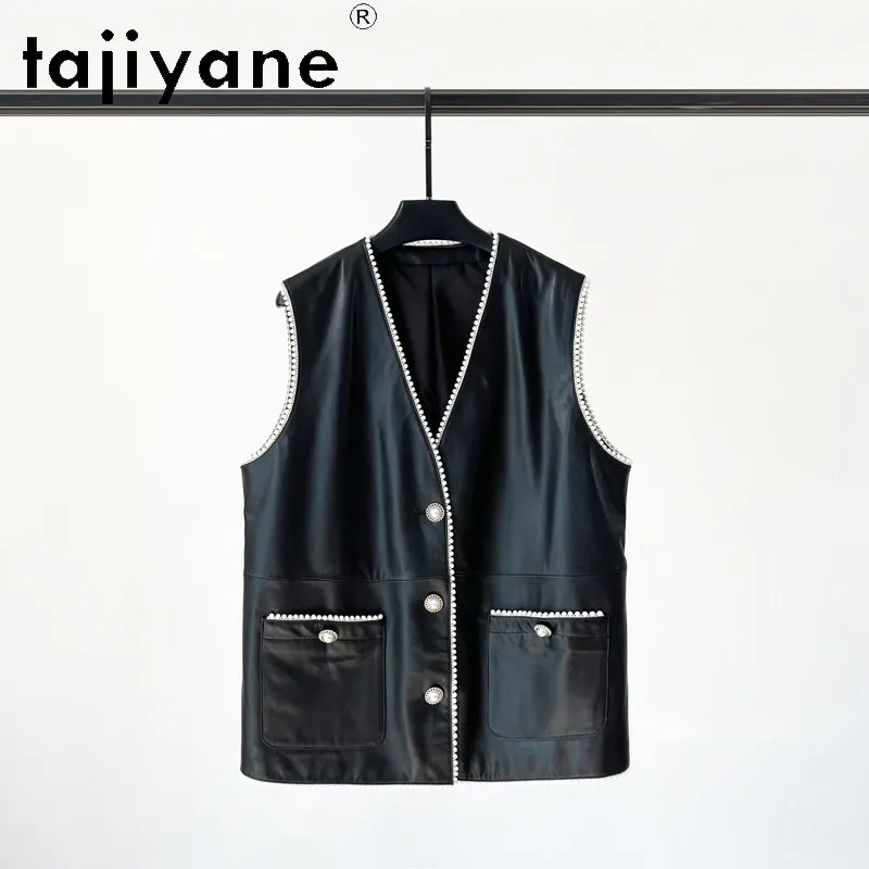 TAJIYANE Real Leather Jacket Women Vest Mid-length Coat Pearl Edge Veste Femme Sheepskin Jackets for Woman Jacket Black Jaqueta