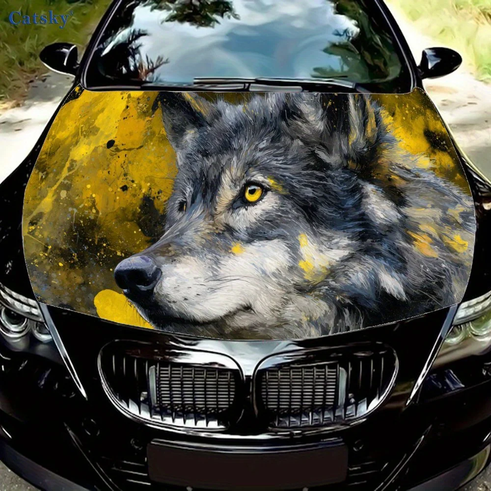 

Желтый брызговик и дикий волк, наклейка на капот автомобиля, персонализированная и модная наклейка с авто-артом, самоклеящаяся водонепроницаемая виниловая наклейка на экстерьер автомобиля
