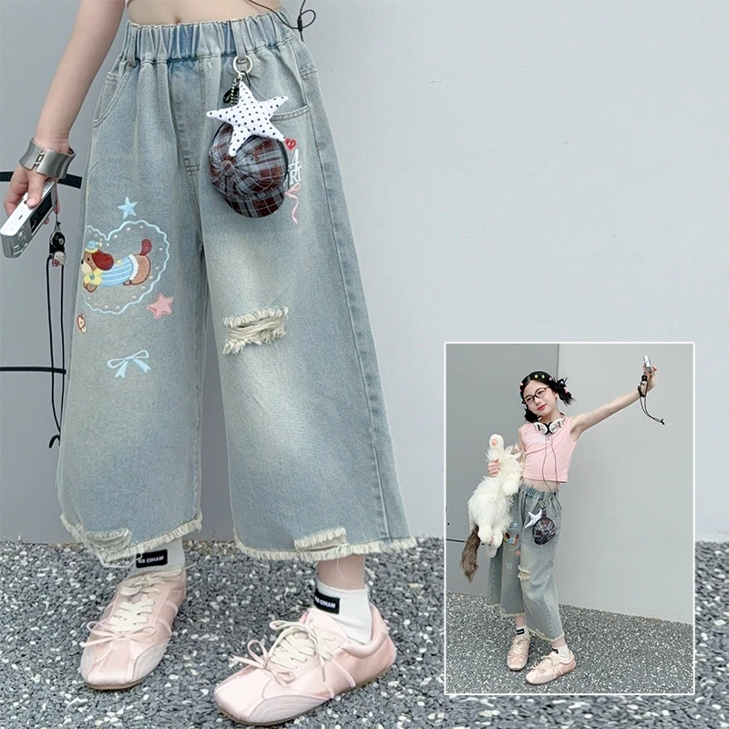Girls Ripped Baggy Denim Shorts with Hole Animal Pattern Teenage Girls Casual Summer Destroyed Broken Shorts for Kids Capris