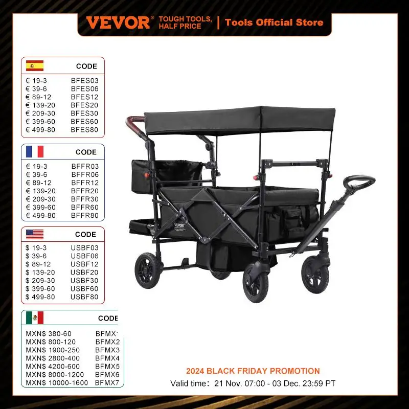 VEVOR Wagon Stroller for 2 Kids Push Pull Quad Collapsible Stroller with Adjustable Handle Encircling Harness Removable Canopy