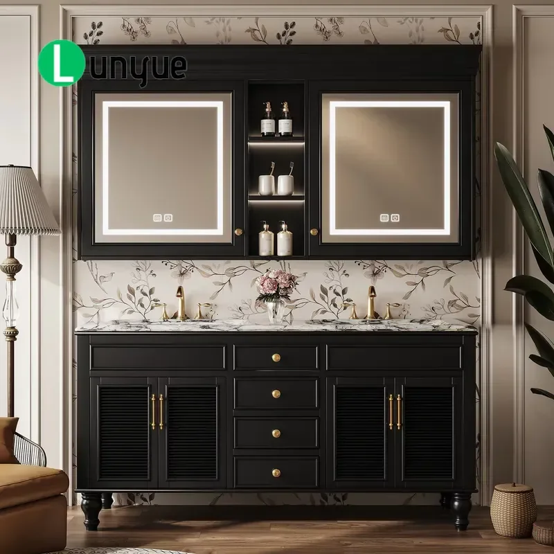 Luxury Modern Double Sink Bathroom Vanity with Smart Defogging Mirror Wall Mounted Wood Storage Cabinet for Hotel Home