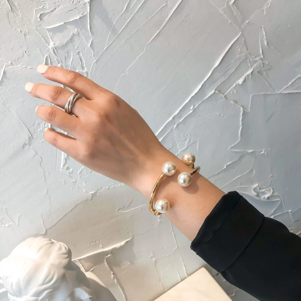 Hip Hop Metal Wide Cuff Bangles Gold Decoration Pearl Geometric Bracelet Jewelry Accessories Curtain Buckle Gifts