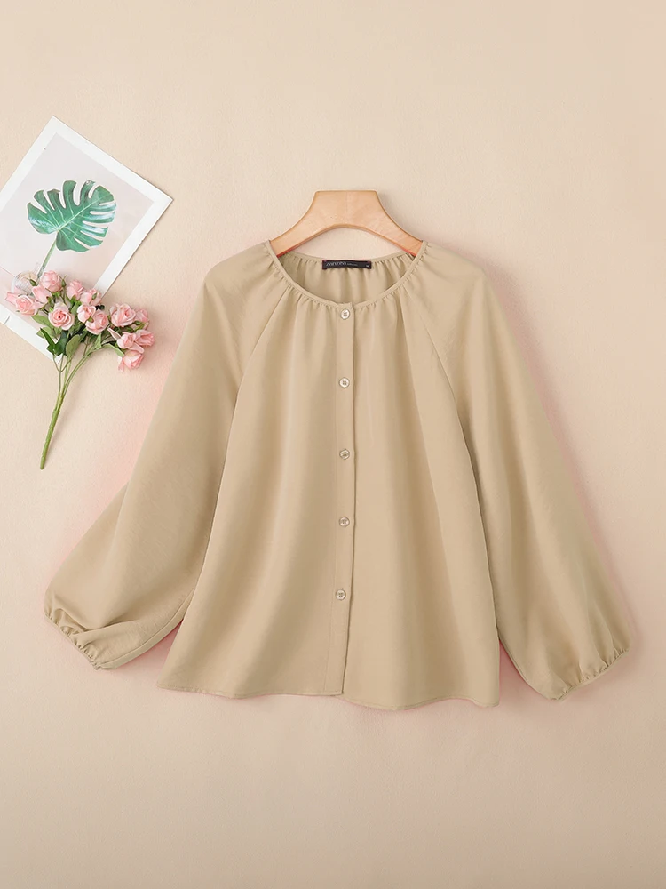 بلوزات نسائية غير رسمية بأكمام واسعة من ZANZEA لخريف 2025 برقبة دائرية وأزرار حتى بلون سادة قمصان فضفاضة موضة الدوبامين الكورية