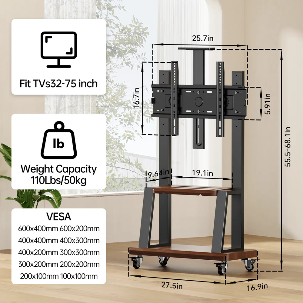 Mobile TV Stand Rolling TV Cart with Wheels for 32-75