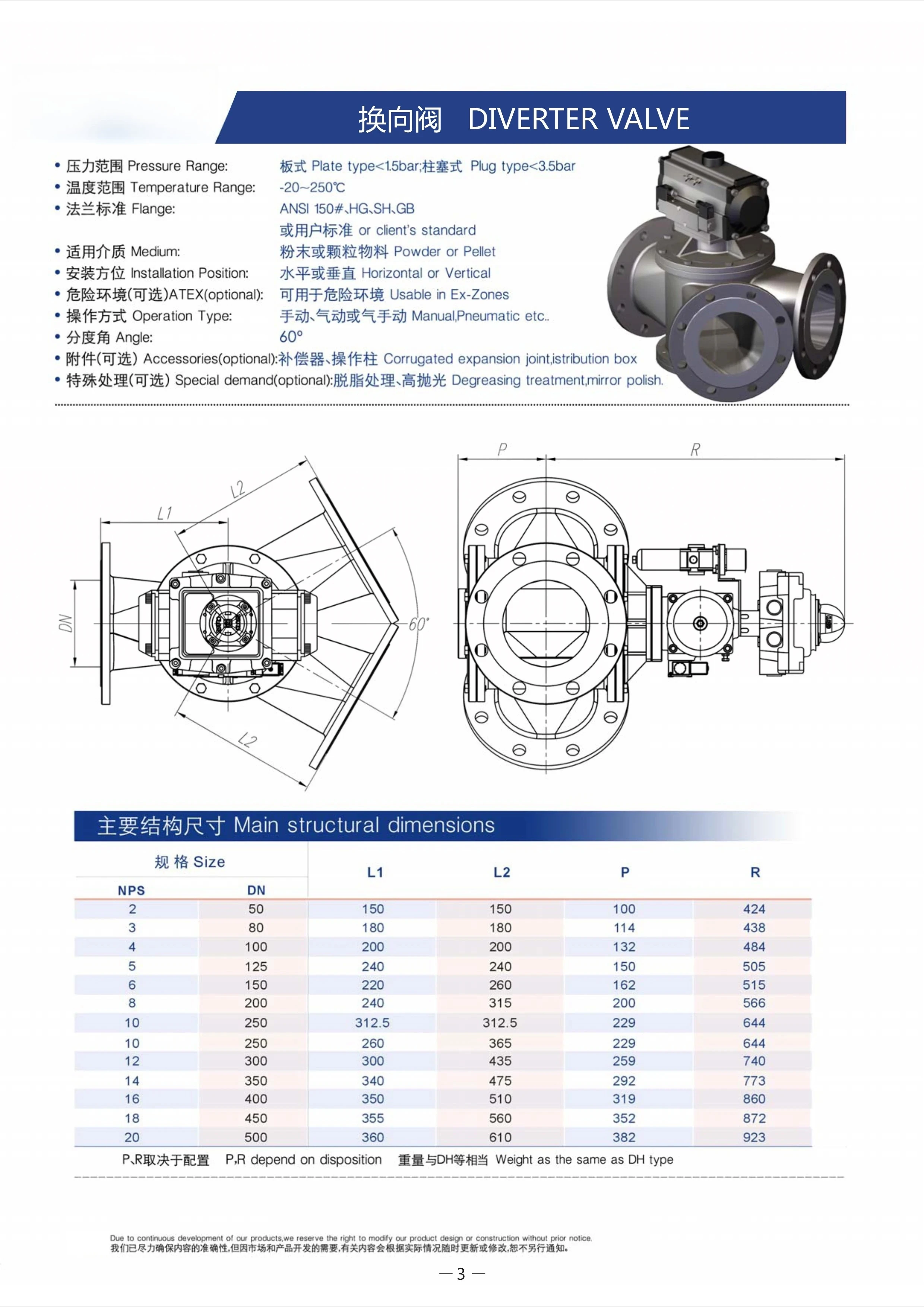 Pneumatic Three-Way Reversing Plate Type Directional Diverter Valve 30° 45° Y Type for Powder Conveyance Ball Valves