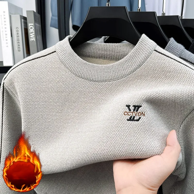 سترة مطرزة بأحرف فاخرة من العلامة التجارية المصممة عالية الجودة من القطيفة للخريف والشتاء الدافئ المريح للرجال بلوفر محبوك برقبة دائرية #1