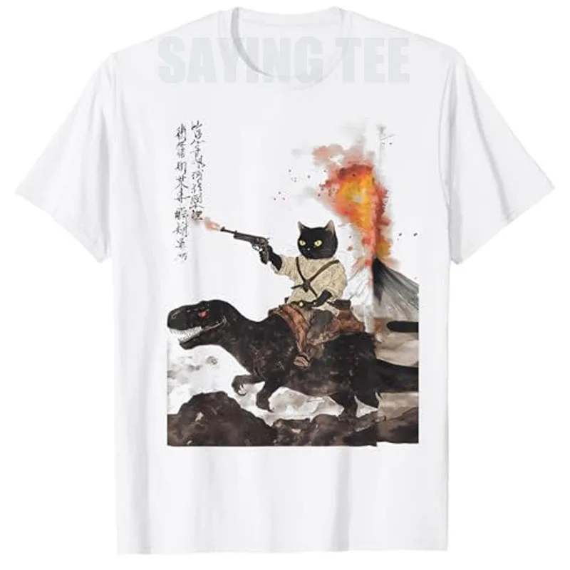 

Retro Calligraphy Cat Dinosaur Volcanic Eruption Art Print T-Shirt Cute Kitty Comics Y2k Design Graphic Outfit Kitten Anime Tees