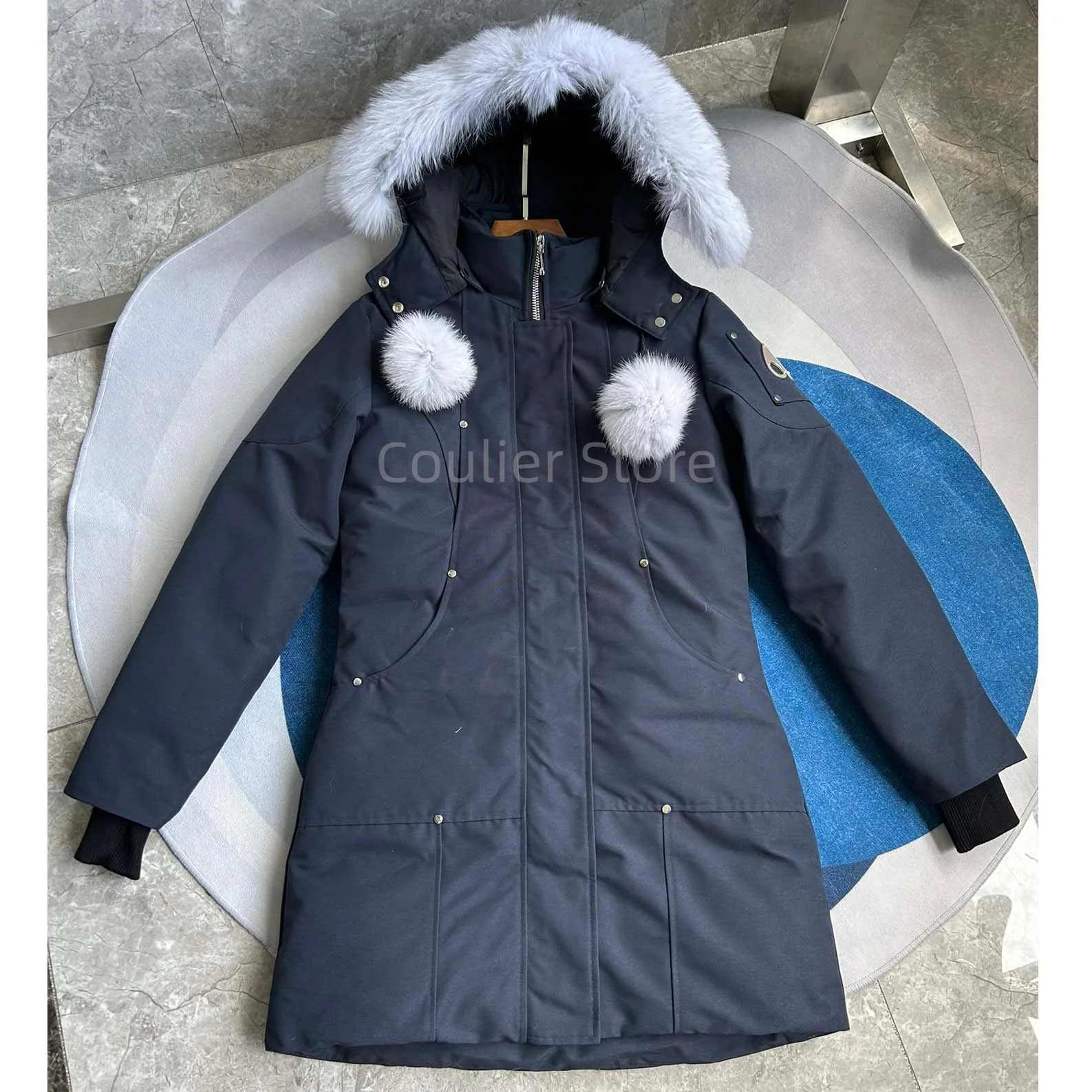 سترة نسائية كندية سفلية، معطف دافئ سميك، سترة نسائية بيضاء مناسبة للمناطق الثلجية الباردة للغاية