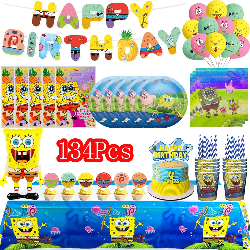 Cartoon Sponge-Bob Birthday Party Decoration Disposable Tableware Tablecloth Cup Plate Balloon Baby Shower Girls Party Supplies