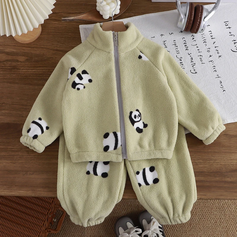 Autumn Winter Lamb Fleece Clothing Set Cartoon Print Plush Thick Warm Lapel Zipper Coat+Pants 2Pcs For 1-10Y Kids Casual Outfit