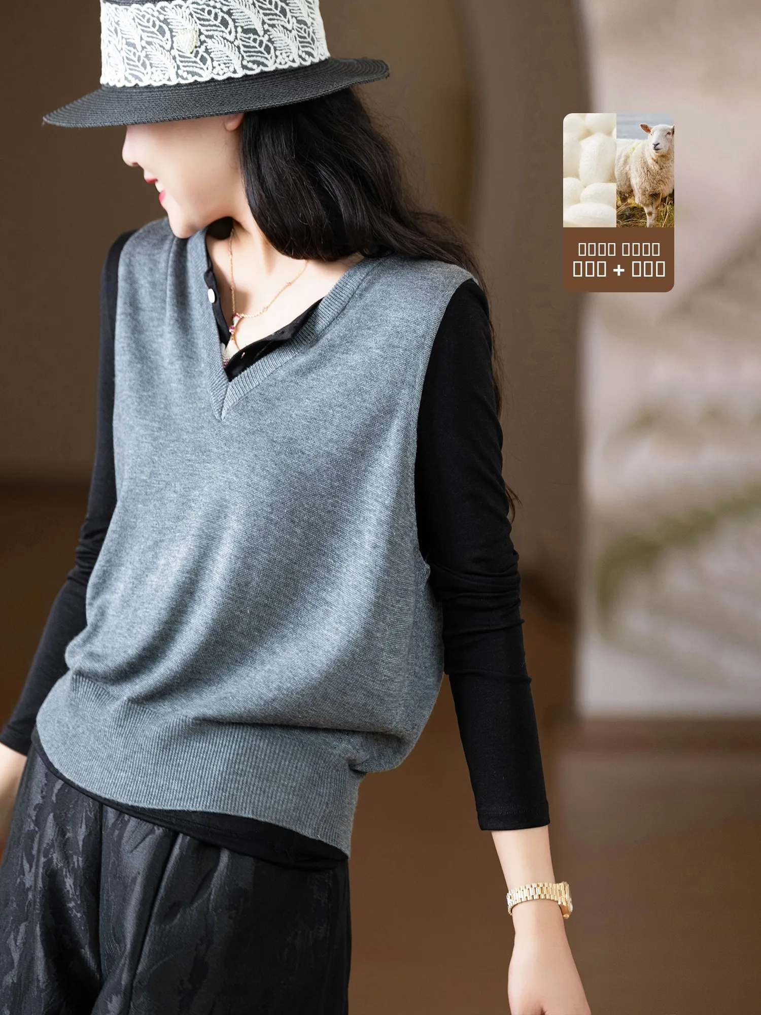

Ele Luxury Knitted V-Ne Sweater Vest Wide Hemline Camere Silk Blend Casual High Quali Faionable Women's Vest