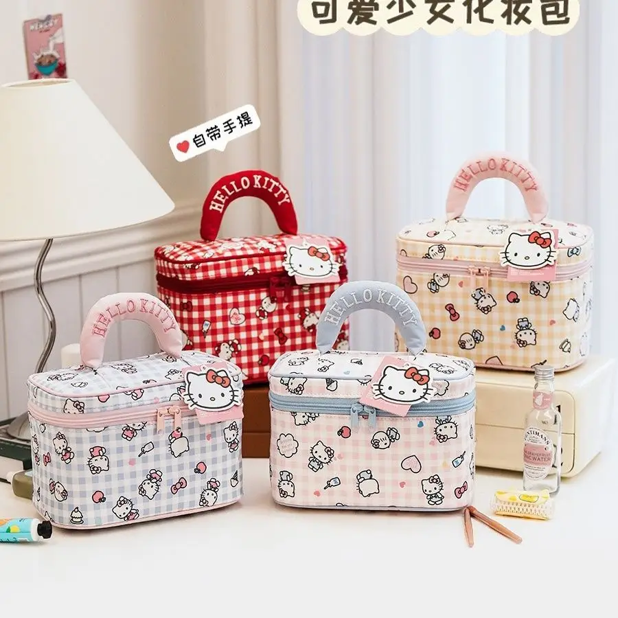 Cute Hello Kitty Checkered Travel Makeup Bag, Multi-Functional Cosmetic Storage Organizer with Handle, Cartoon Plaid Toiletry view 3