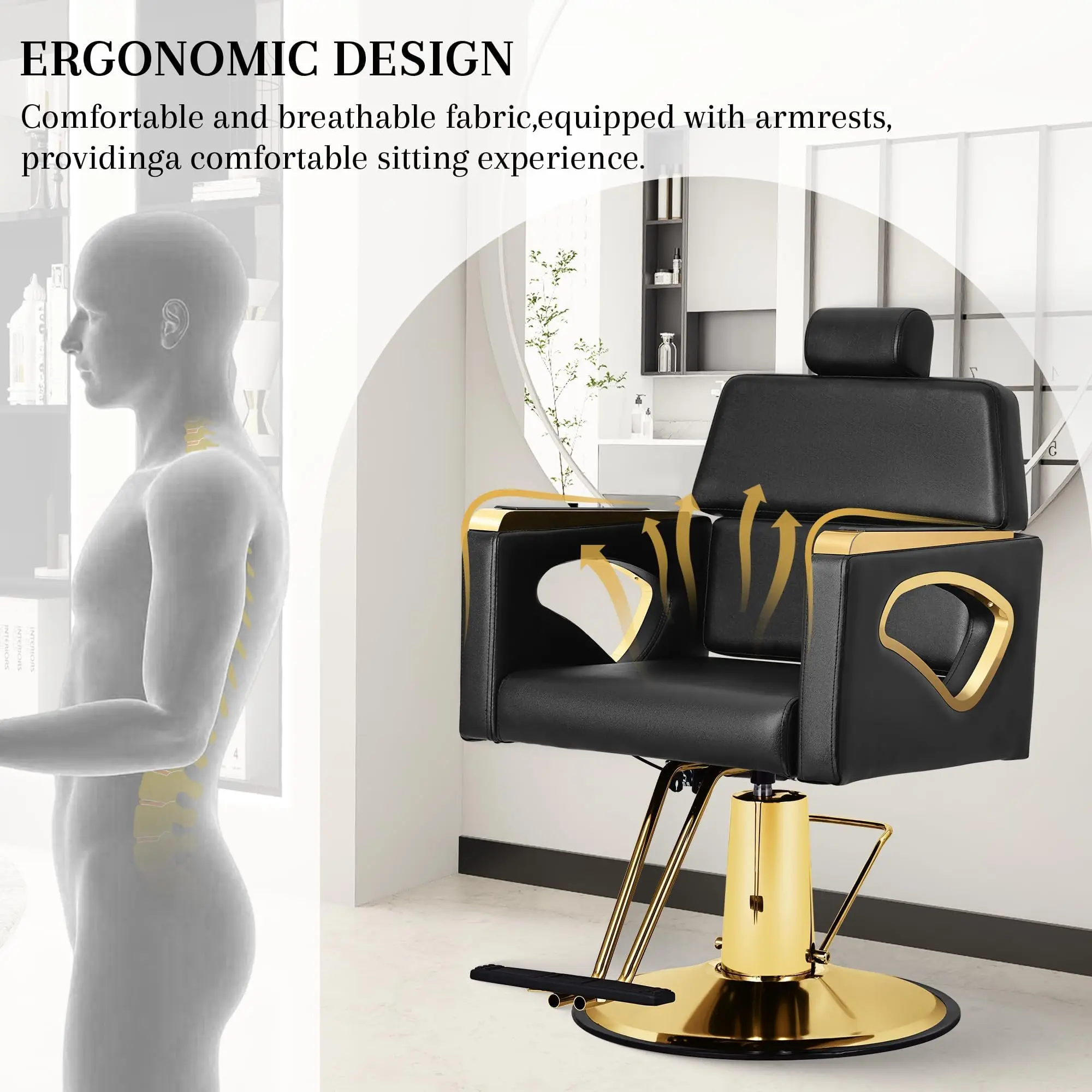 كرسي صالون الحلاقة لمصفف الشعر، كراسي صالون للاستلقاء مع مضخة هيدروليكية، 360 درجة °   معدات التجميل لتصفيف الشعر في سبا دوارة