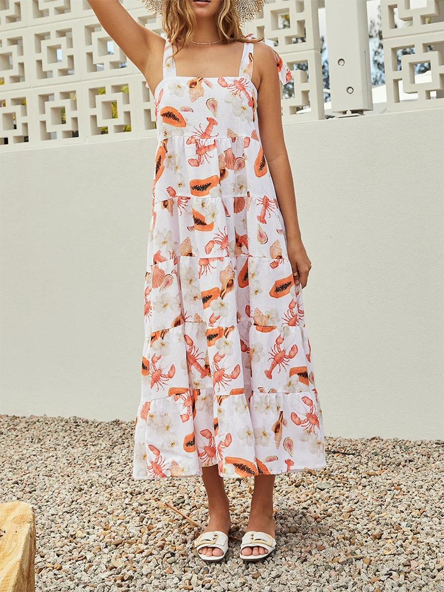 Women’s Long Beach Dress Lobster Print Tiered Dress Sleeveless Slip Dress Swing Maxi Dress