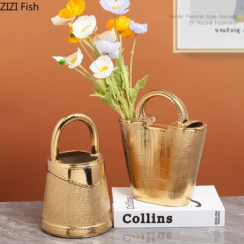 Golden Handbag Shape Ceramic Vase Flowers Pots Desk Decoration Flower Arrangement Creative Floral Vases Room Aesthetic Decor