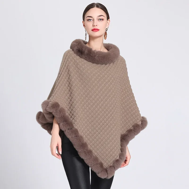 

Lining Warm Plaid Pullover Winter Faux Rabbit Fur O Neck Out Street Wear Women Capes Solid Triangle Loose Poncho Coat