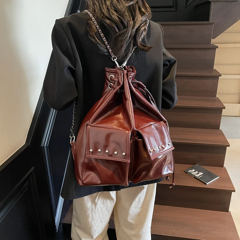 

Wine Red Fashion Backbag Vintage Rivet Shoulder Bag Double Pocket Design Travel Backpack Large Capacity Underarm Tote Black