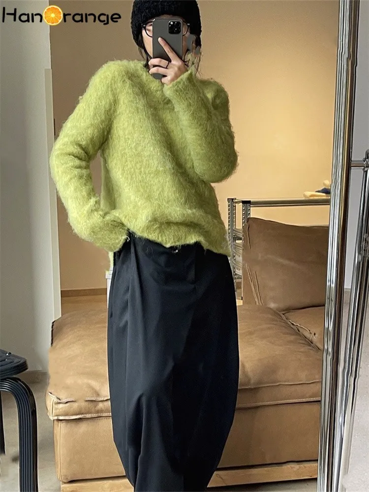 HanOrange 2024 Autumn Winter Woolen Loop Yarn Wool Sweater Women Soft Loose Grass Green Top