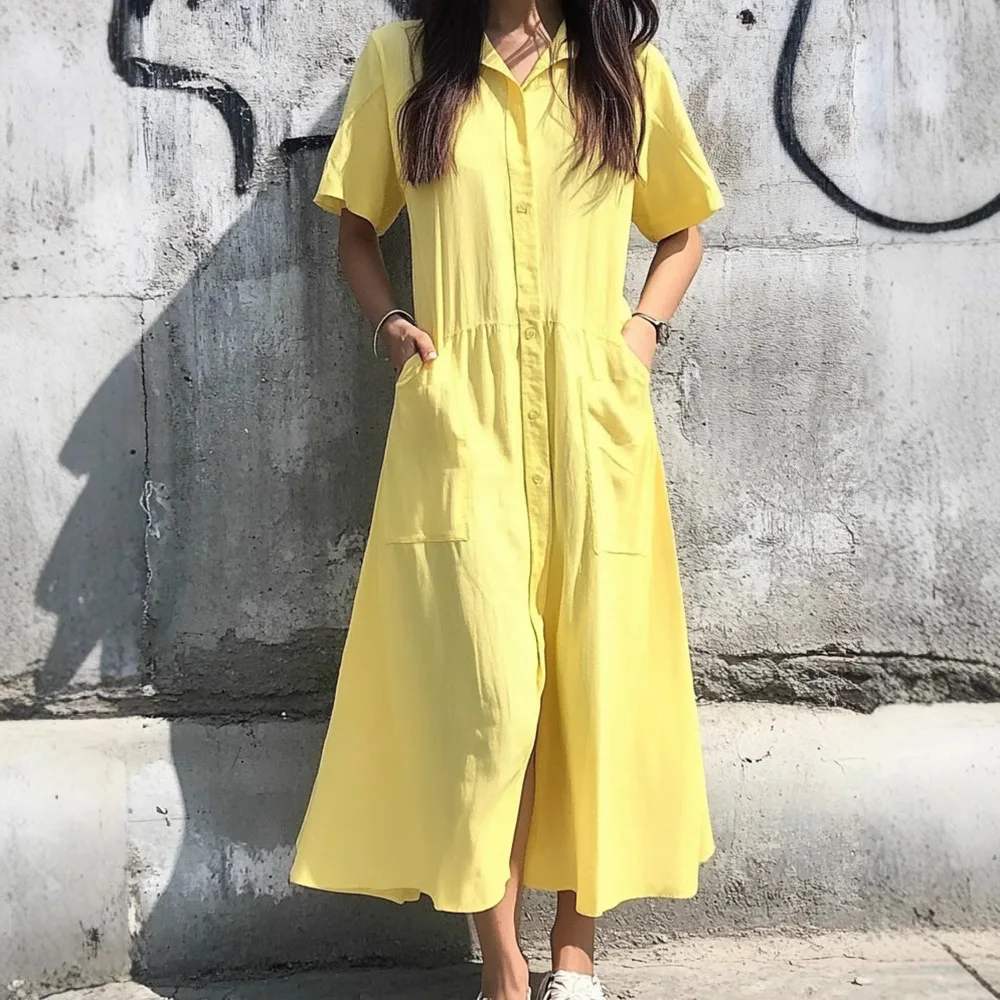 

Summer Casual Lapel Shirt Dress Retro Lace Up Short Sleeved Commuter Women's Dress Elegant Single Breasted Solid Long Dress