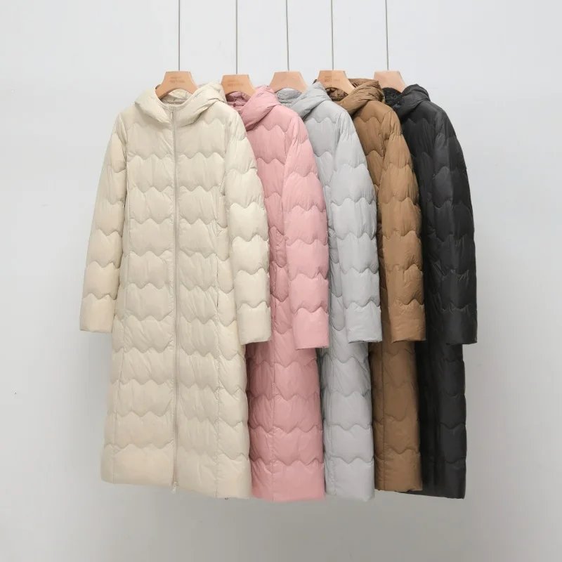 2026 New 90% White Duck Down Ladies Hooded Wave Line Down Jacket Warm Outdoor Coat Autumn and Winter Extended Down Jacket